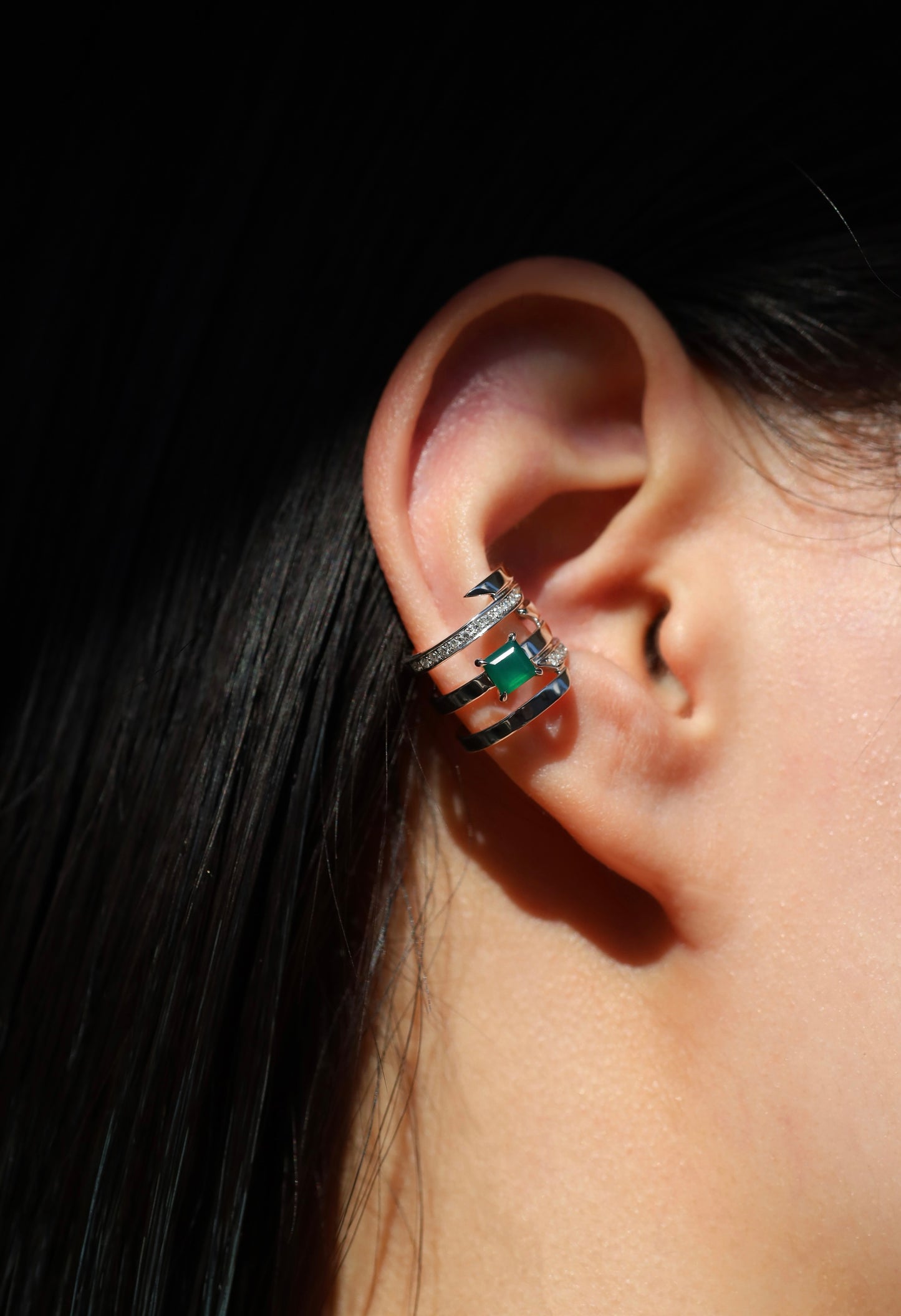 Offset Ear Cuff_WG × Green Agate × White Dia(optional)