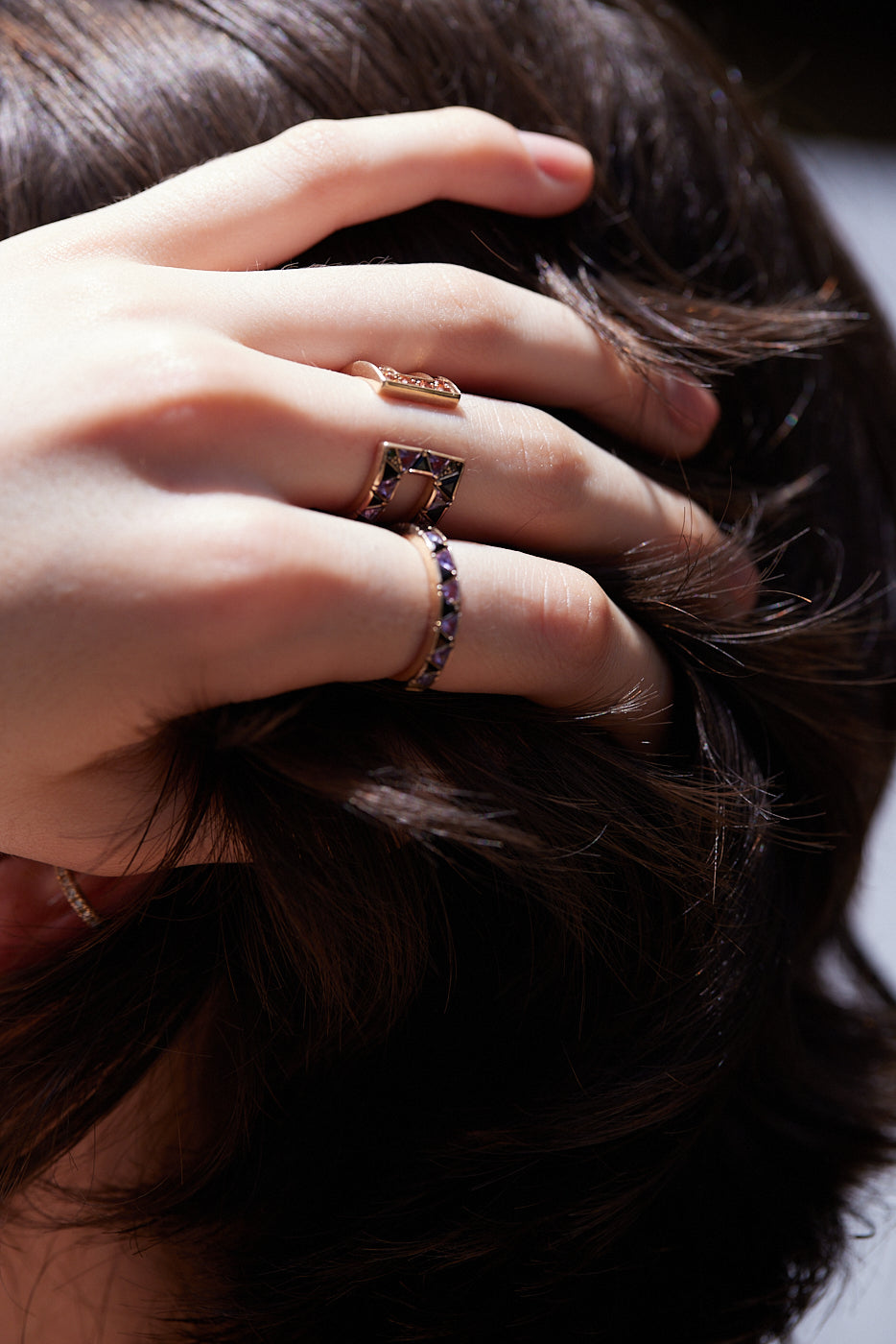 Protection Ring_YG × Orange Sapphire × Black Spinel × Amethyst