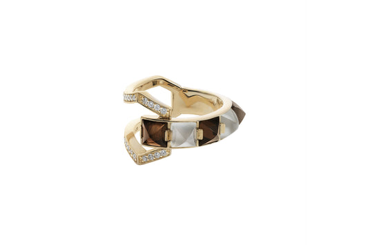 Arc Ring_YG × Smoky Quartz × Moon Stone