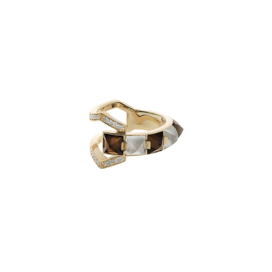 Arc Ring_YG × Smoky Quartz × Moon Stone