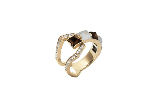 Arc Ring_YG × Smoky Quartz × Moon Stone
