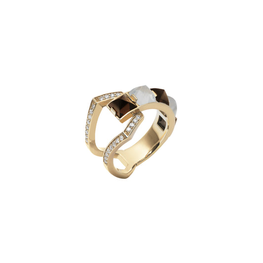 Arc Ring_YG × Smoky Quartz × Moon Stone